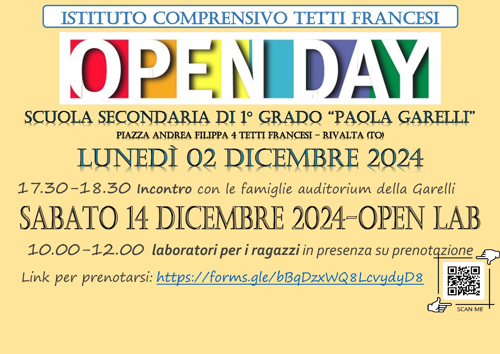 OPEN DAY SCUOLA SECONDARIA PRIMO GRADO GARELLI